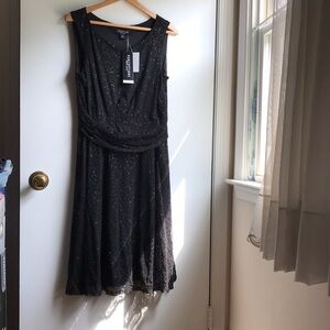 New! Perceptions NWT Black Lace Gold Shimmer Midi sleeveless Dress Black Tie 14